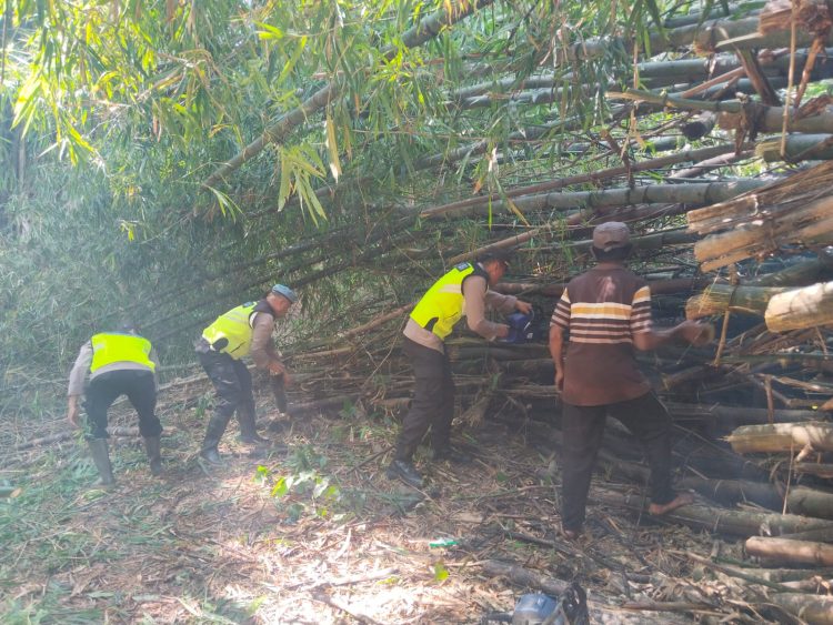 Cegah Sungai Meluap, Polsek Wedarijaksa Bersihkan Dapuran Bambu Tumbang